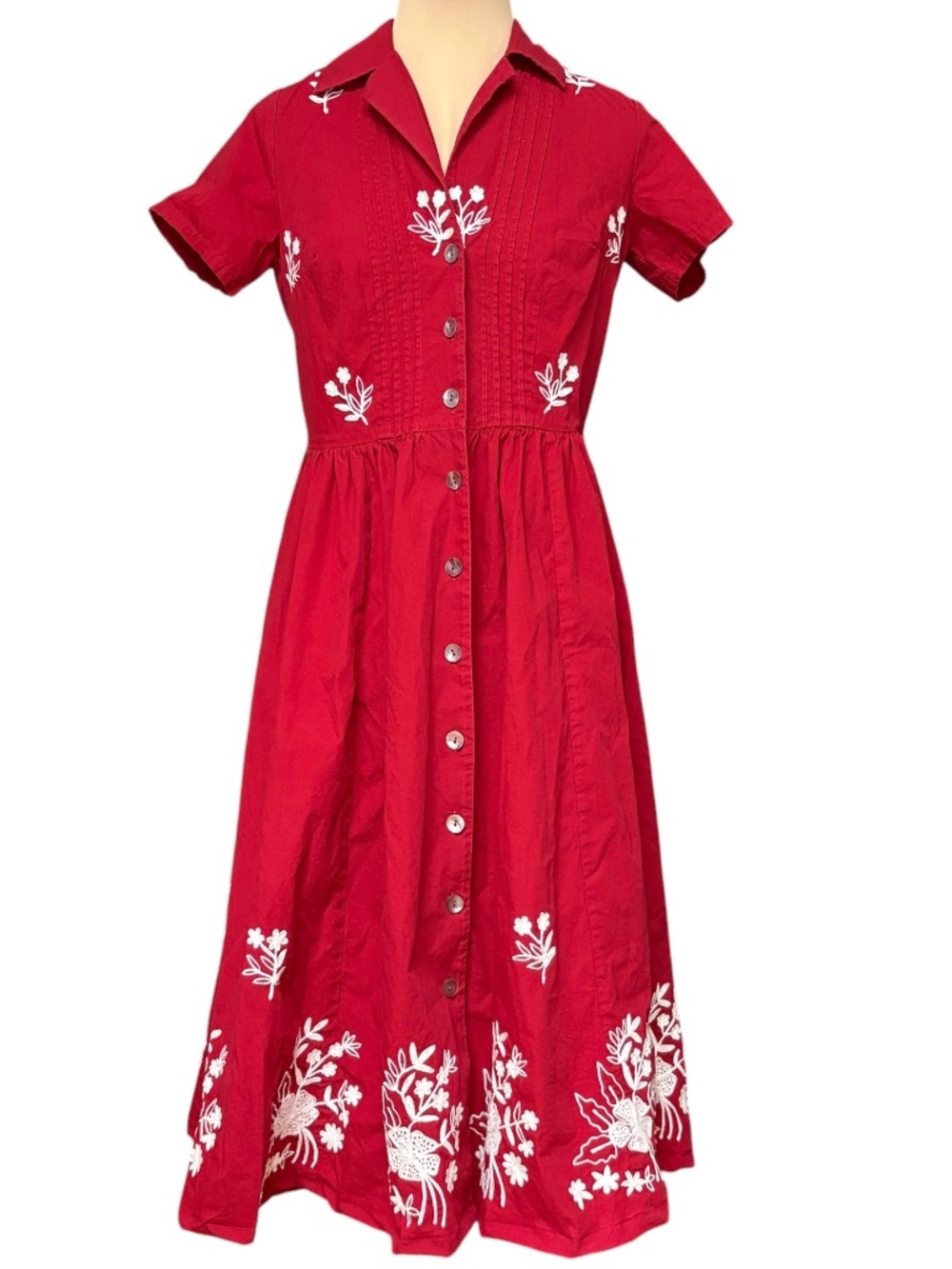 Red Cotton Midi Dress White Floral Embroidery Buttons Short Sleeve Fit & Flare